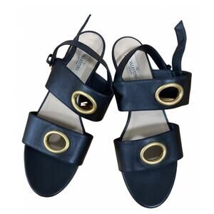 Valentino Garavani Black Leather Sandals – Gold Ring Accent, Size 8.5